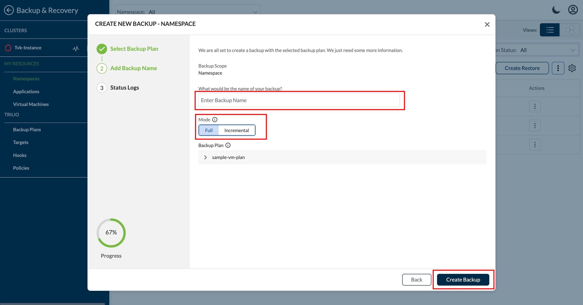 Create Backup options